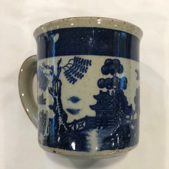 Gray Speckled Stoneware Blue Japan Images Brown Handle Tea Coffee Mug 3-1/2” - Picture 1 of 7